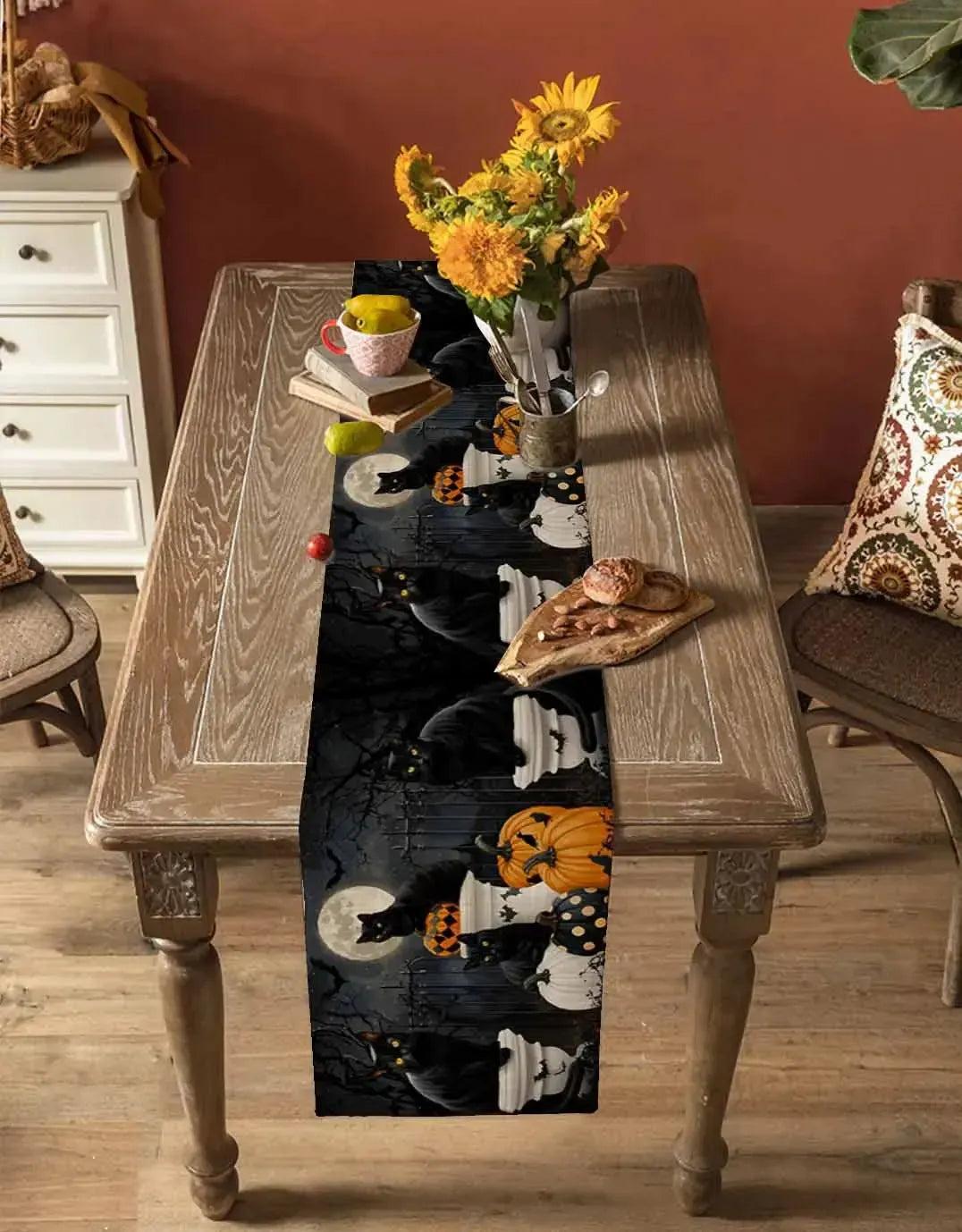 Vintage Pumpkin Black Cat Halloween Table Runner - Spooky Table Runner for Witchy Table Decor-MoonChildWorld