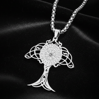 Silver Yggdrasil Tree of Life pendant – Vegvisir rune compass necklace on black satin fabric