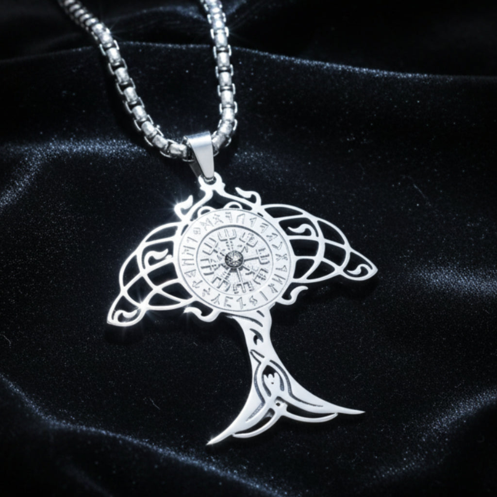 Silver Viking Tree of Life Compass Necklace – Yggdrasil pendant with Vegvisir rune compass on black satin fabric