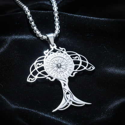 Silver Viking Tree of Life Compass Necklace – Yggdrasil pendant with Vegvisir rune compass on black satin fabric