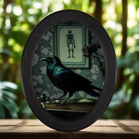 Skelaton Dark Crow Wall Art - Witchy Black Raven Gothic Wooden Oval Frame Halloween Wall Decoration