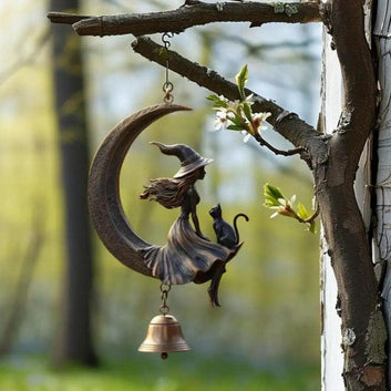 Moon Witch and Black Cat Metal Wind Chime - Witch Hanging Bell for Halloween Decor