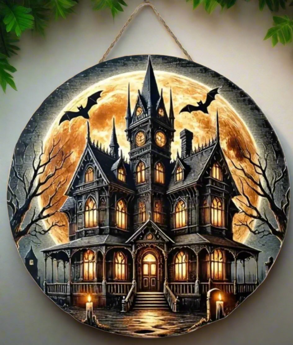 Gothic Haunted House Wooden Sign Witchy Hanging Sign for Halloween-MoonChildWorld