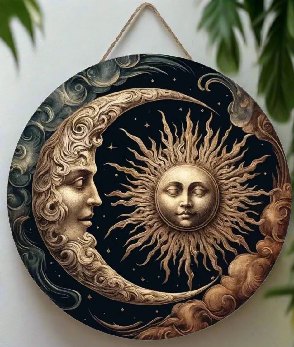 Wicca Sun and Moon Wooden Sign Celestial Goddess Hanging Sign-MoonChildWorld