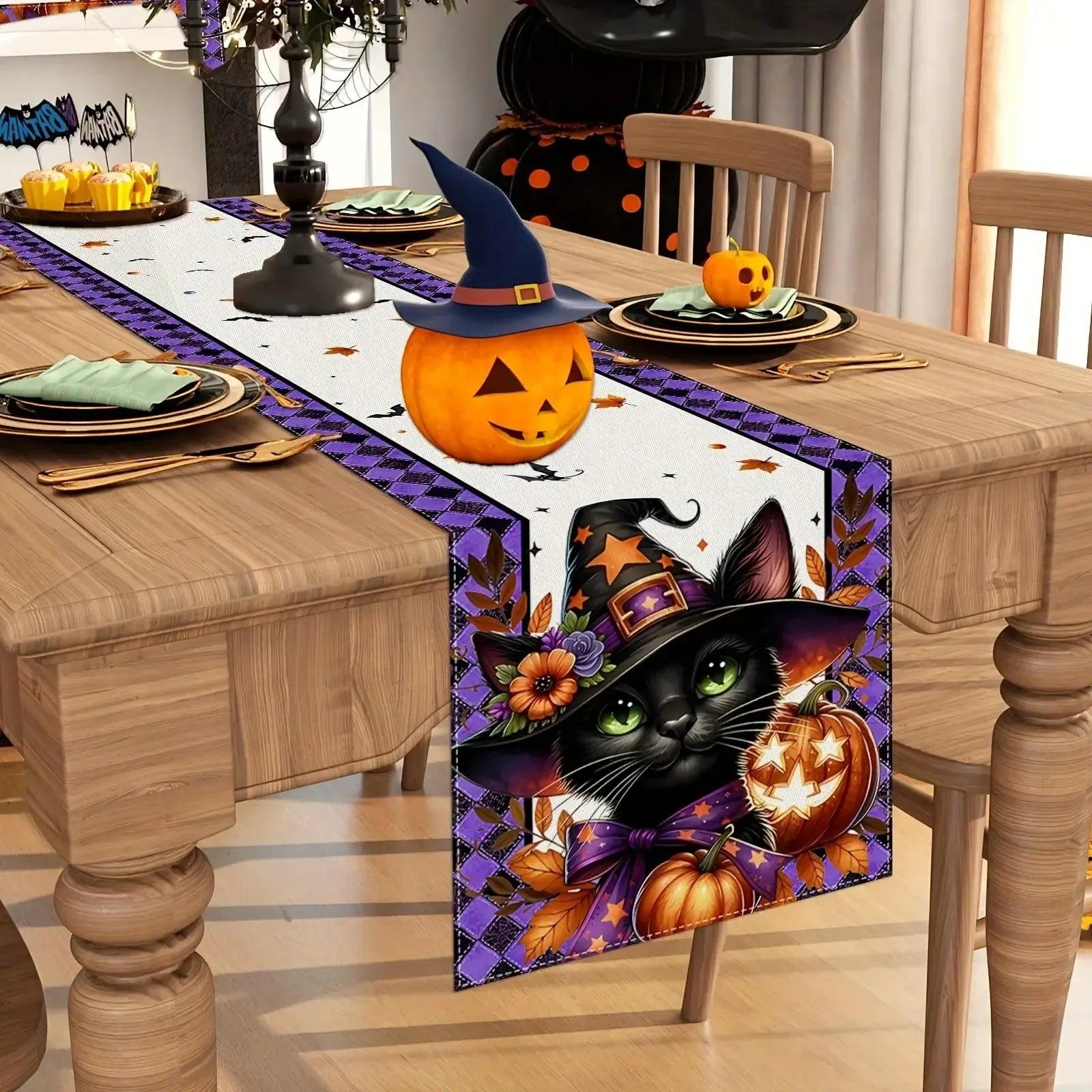 Gothic Black Cat Pumpkin Halloween Table Runners - Witchy Spooky Table Decor for Halloween-MoonChildWorld