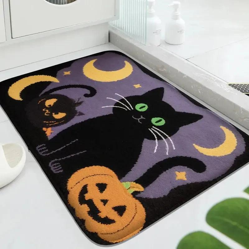 Gothic Doormat Witch Welcome Mat - Spooky Halloween Decor with Black Cat, Bat, Pumpkin and Cute Ghost-MoonChildWorld