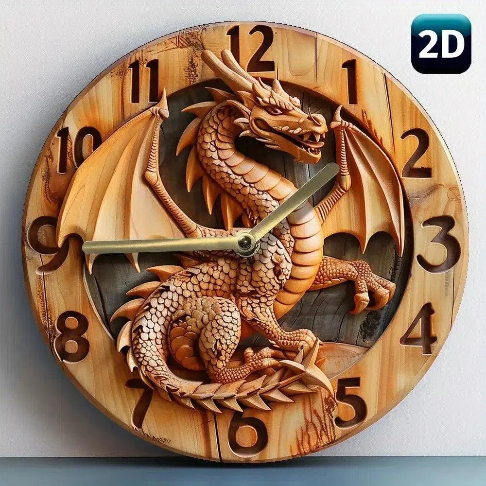 Wooden wall clock with a dragon - Mythical Dragon Wall Clock-MoonChildWorld