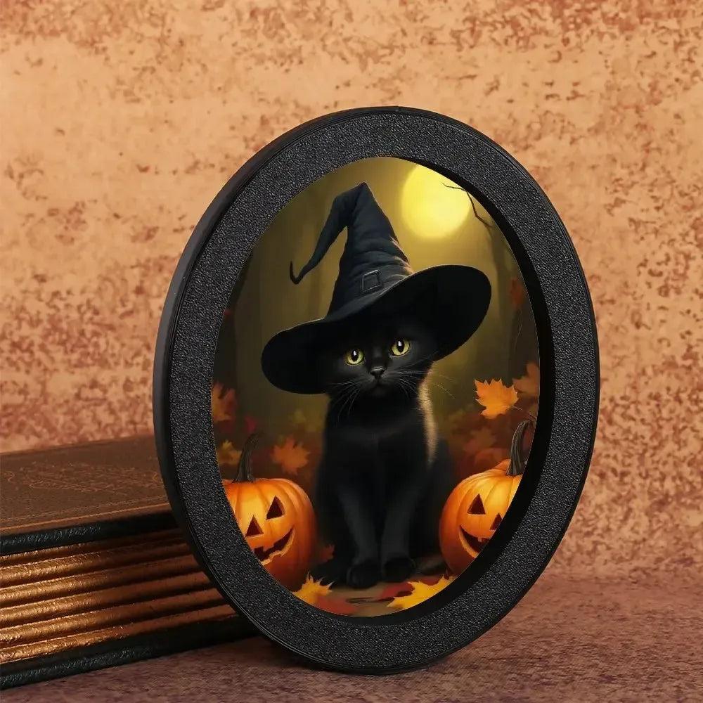 Witchy Black Cat & Pumpkin Spooky Wooden Oval Frame - Gothic Oval Wall Art - Halloween Wall Decoration-MoonChildWorld