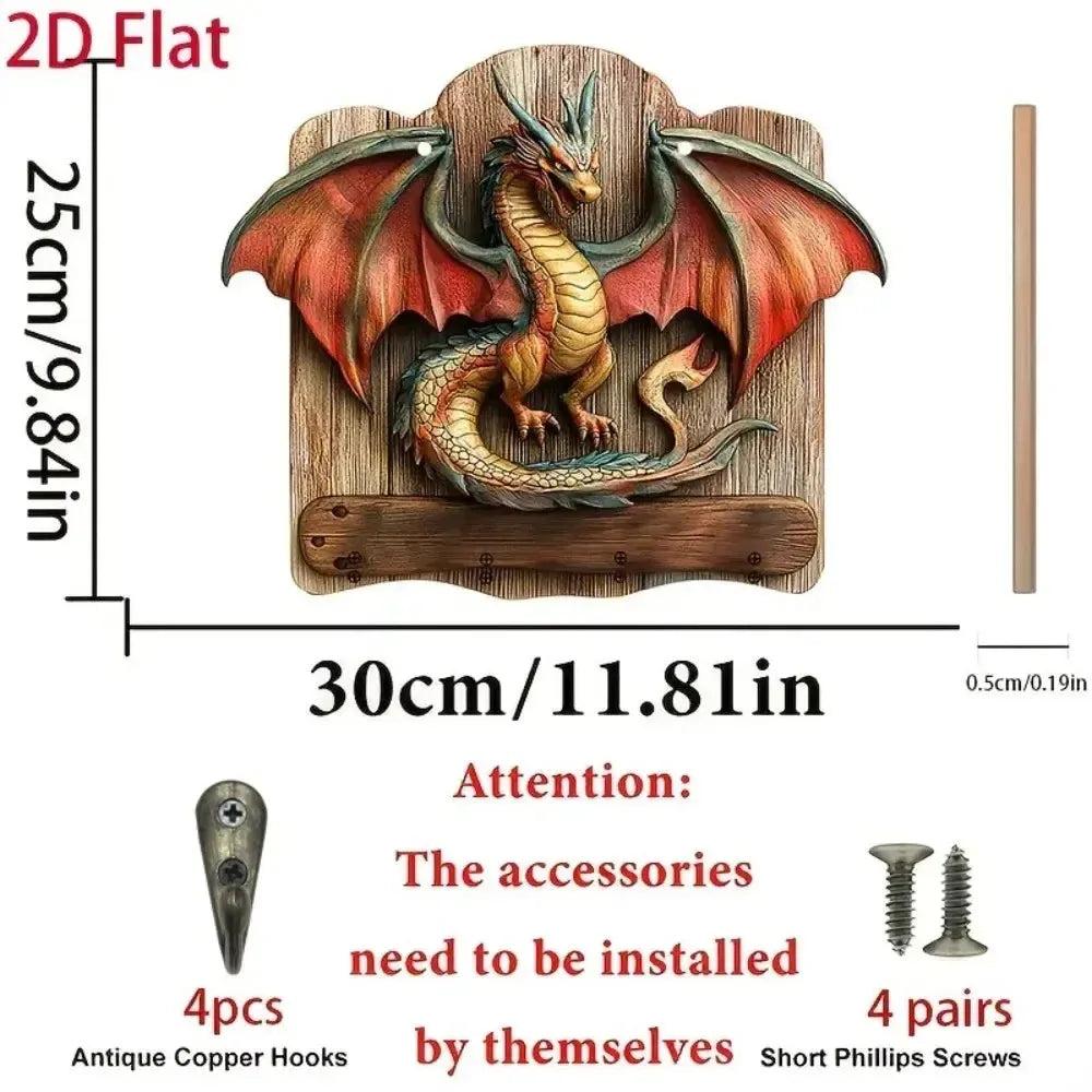 2D Dragon Wooden Key Holder with Four Metal Hooks-MoonChildWorld