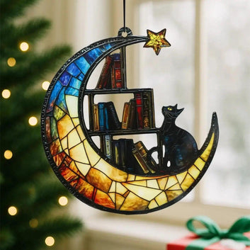 Acrylic Suncatcher Crescent Moon Black Cat Window Hanging Ornament for Christmas