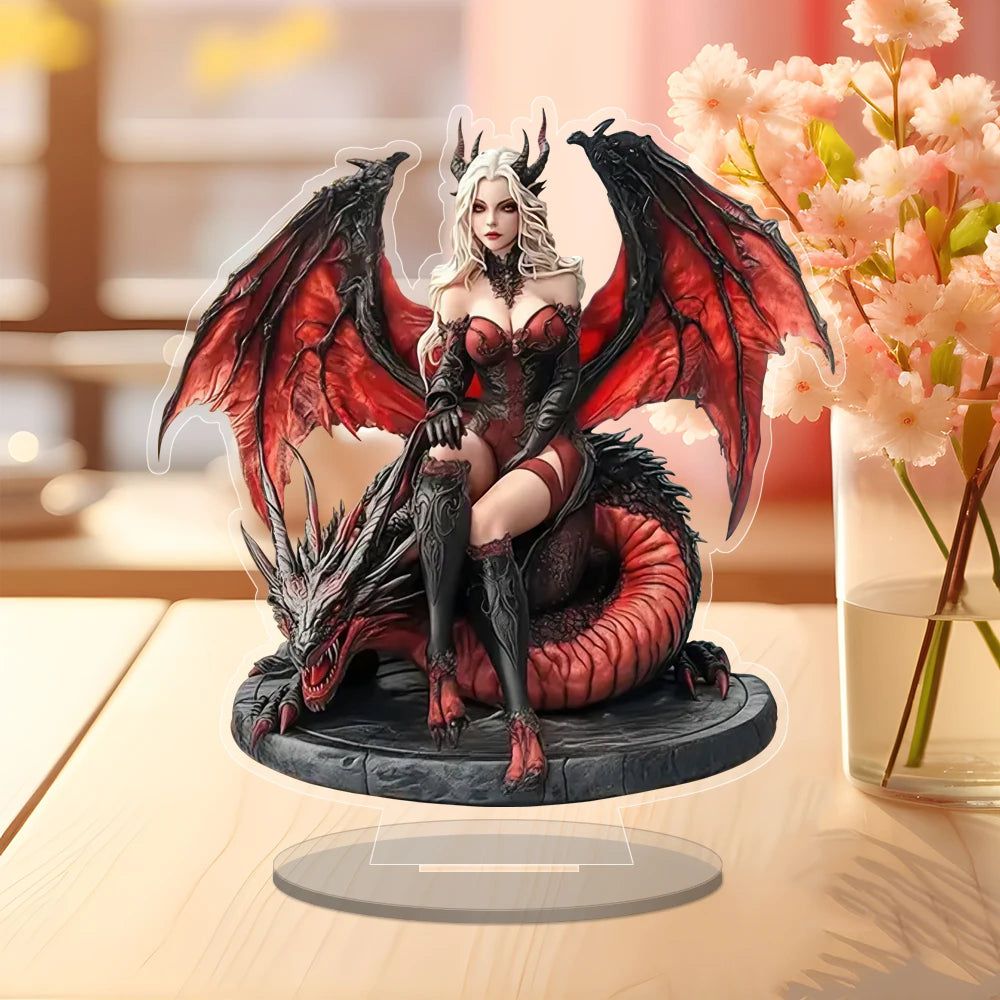 Red Dragon and Witch Acrylic Decorative Plaque Desktop Decor Gothic Table Ornament-MoonChildWorld