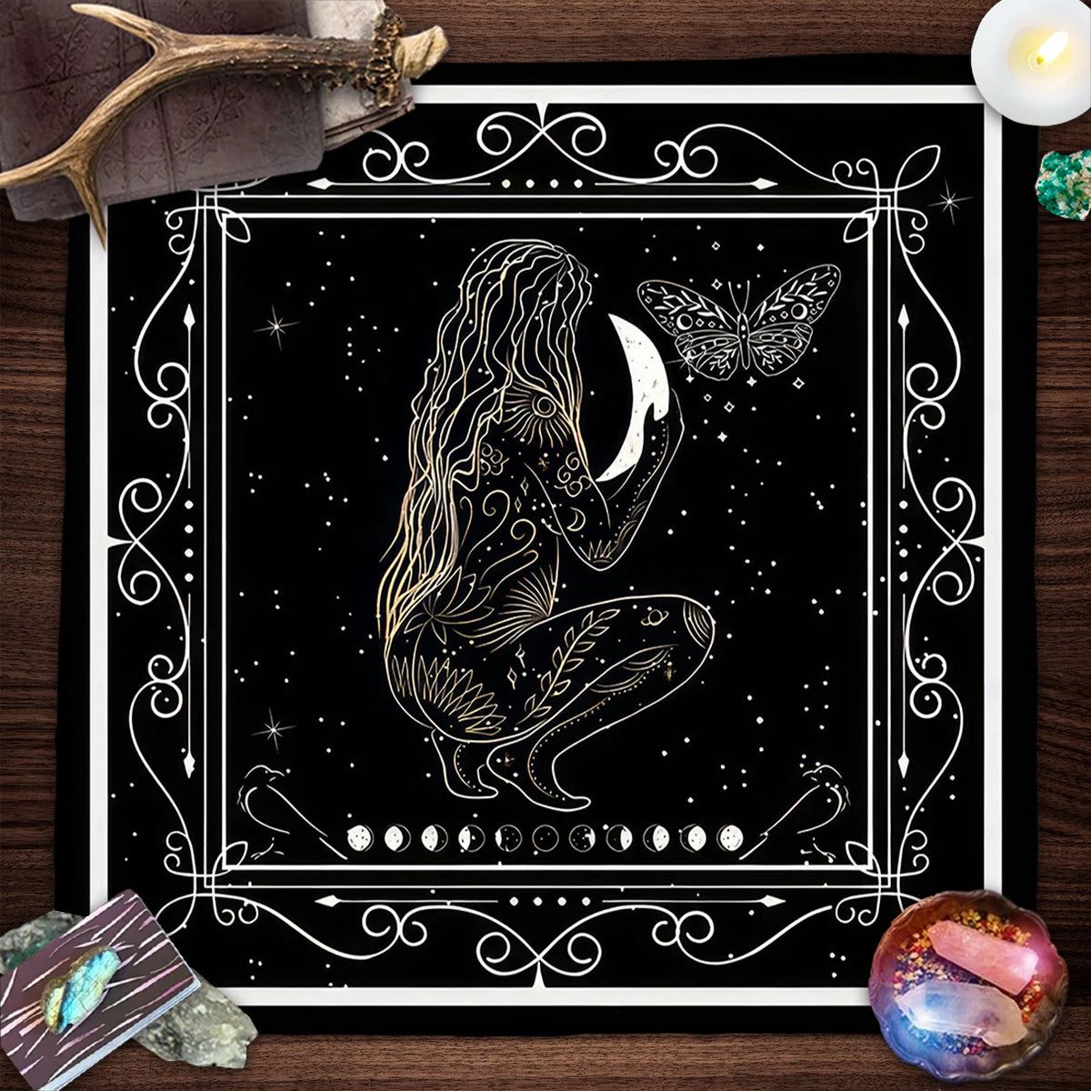 Witchy Woman Moon Phase Tarot Card Tablecloth Wicca Altar Cloths Divination Tarot Table Cloth-MoonChildWorld