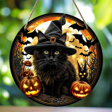 Black Cat Acrylic Round Sign Gothic Halloween Decor-MoonChildWorld