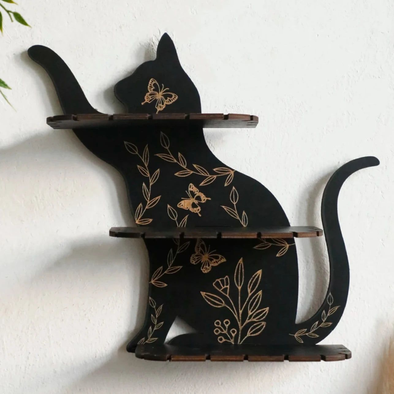 Flower Black cat Crystal Shelf Display Witchy Home Decorations Black Cat Wooden Wall Shelf-MoonChildWorld