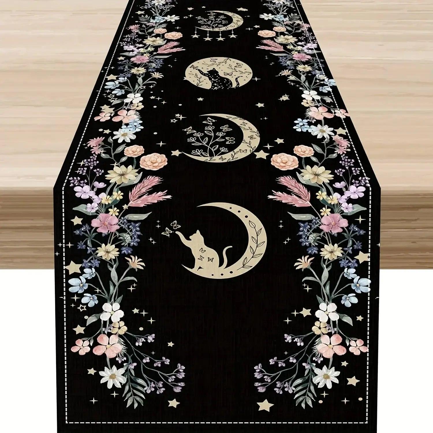 Floral Moon Table Runner - Mystical Witchy Black Cat & Moon Phases Table Runner-MoonChildWorld