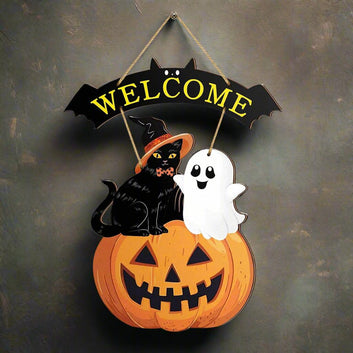 Halloween Hanging Decoration - Black Cat and Ghost Spooky Welcome Sign - Halloween Wooden Sign for Witch Home Decor