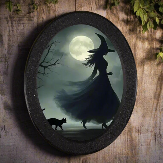Moonlit Witch Wooden Oval Frame - Gothic Oval Wall Art - Dark Halloween Wall Decoration