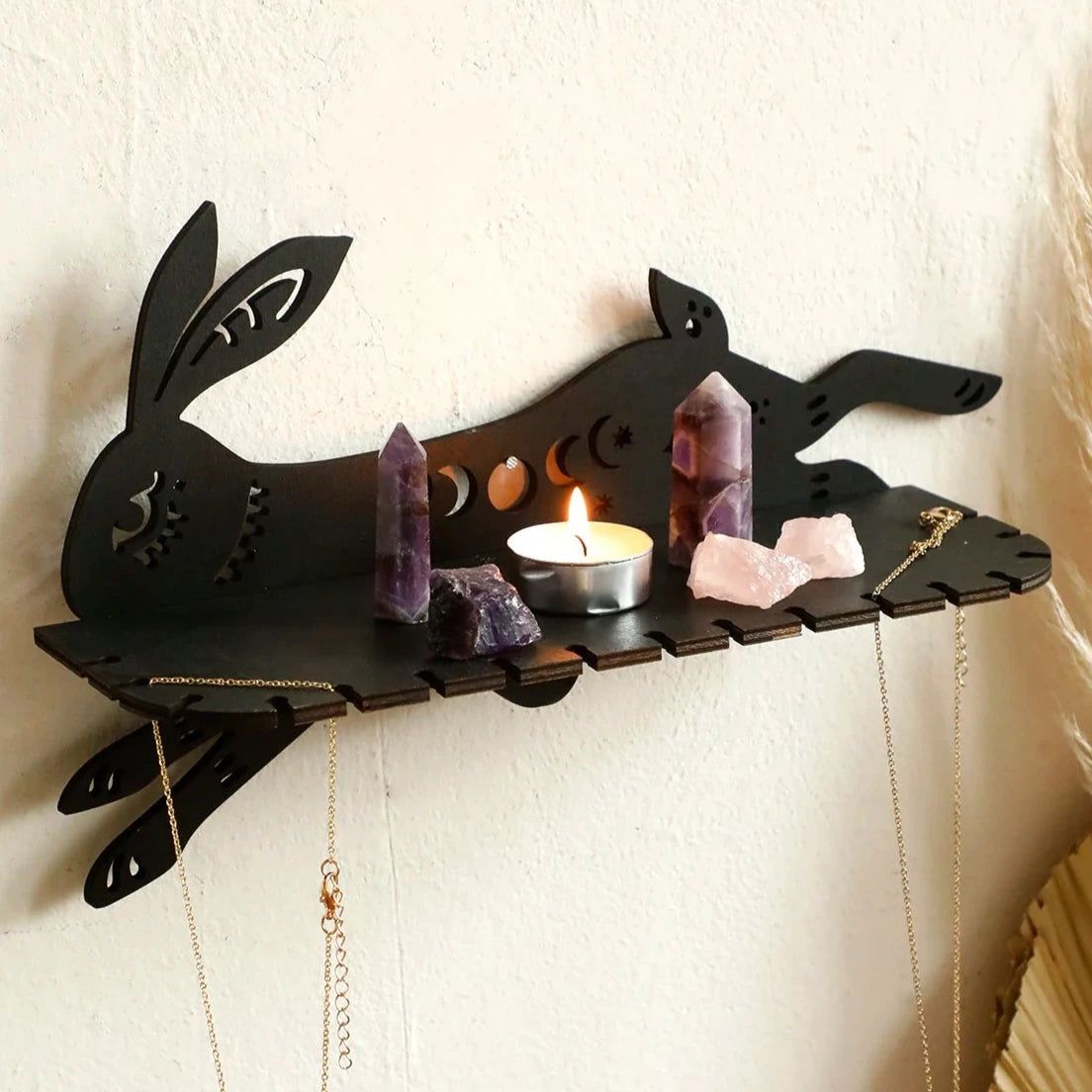 Rabbit Wooden Wall Shelf Gothic Crystal Display Shelf Witchy Room Decoration-MoonChildWorld