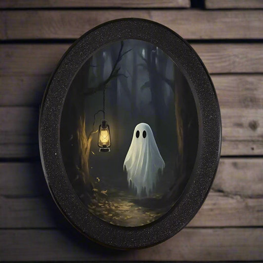 Ghost in Forest Spooky Wooden Oval Frame - Gothic Oval Wall Art - Halloween Wall Decoration
