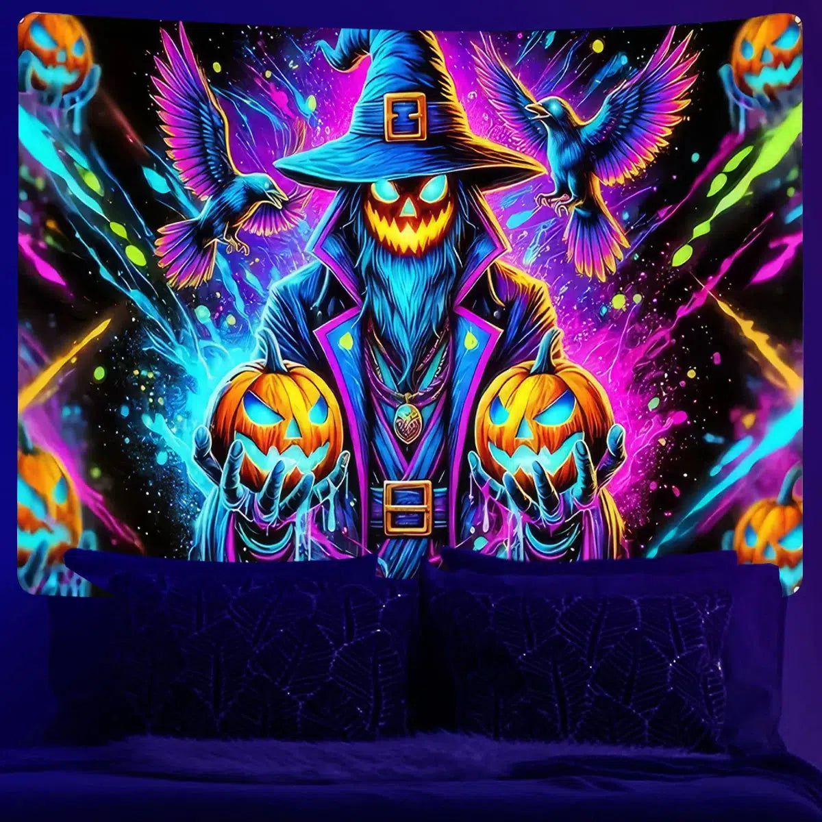 Halloween Wall Decor Blacklight UV Fluorescent Tapestry Pumpkin Witch Tapestry Wall Hanging-MoonChildWorld