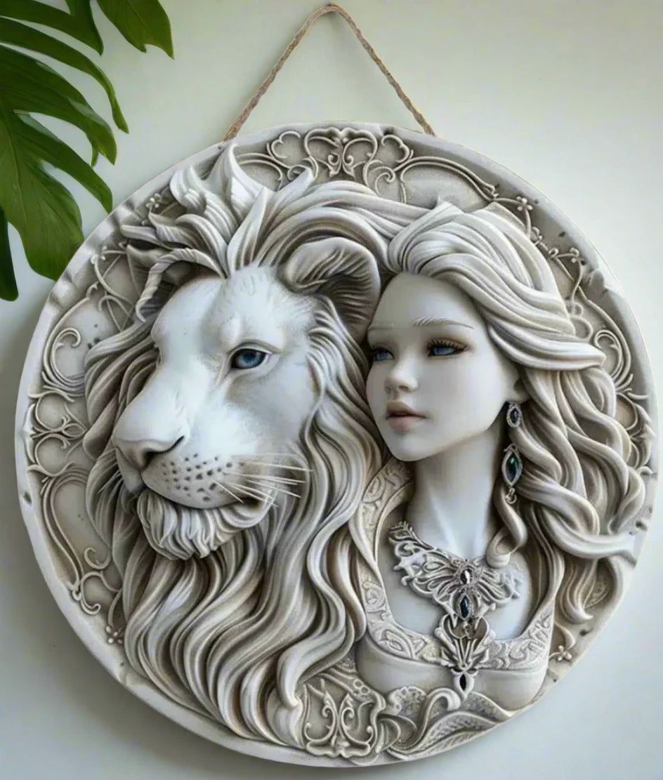 White Lion and Goddess Wooden Sign Mystic Hanging Sign-MoonChildWorld