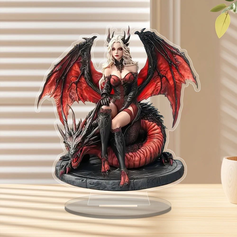 Red Dragon and Witch Acrylic Decorative Plaque Desktop Decor Gothic Table Ornament-MoonChildWorld