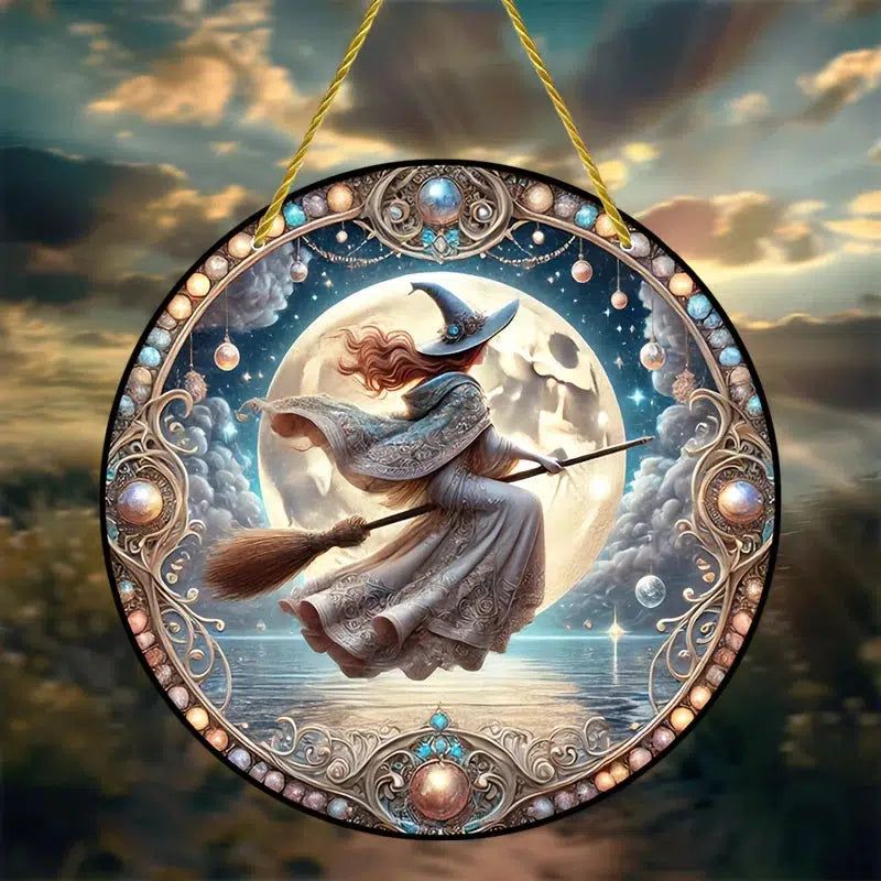 Full Moon and Flying Witch Window Ornament Mystical Suncatcher-MoonChildWorld