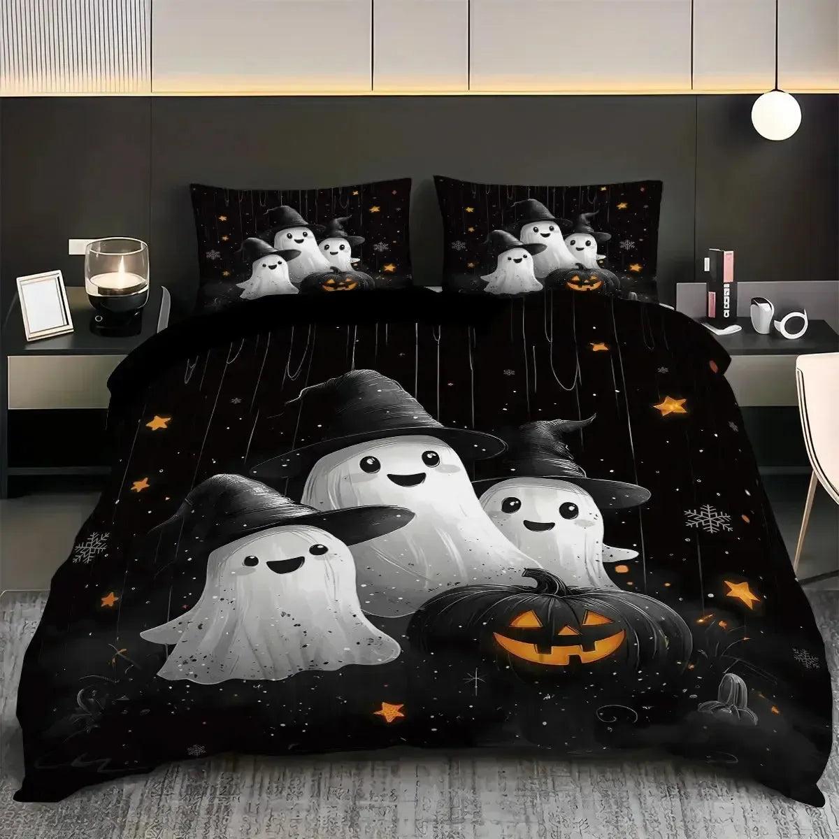 Spooky Pumpkin Cute Ghost Duvet Cover Set Halloween Bedding Set Witchy Home Decor-MoonChildWorld