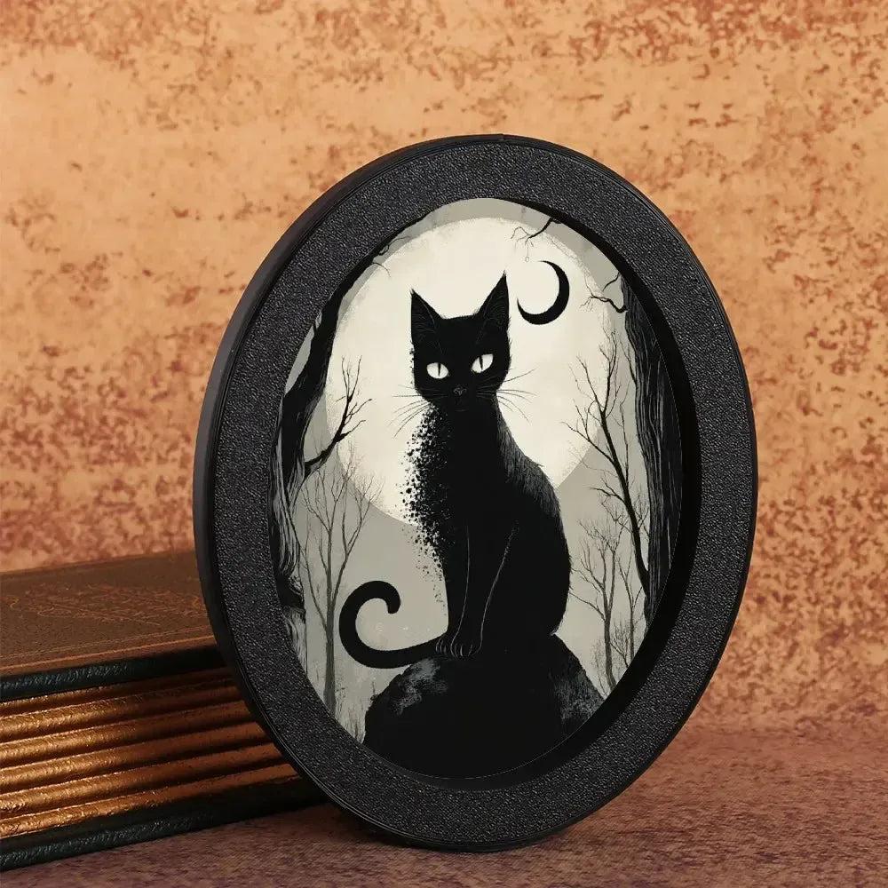 Moonlit Black Cat & Pumpkin Spooky Wooden Oval Frame - Gothic Oval Wall Art - Halloween Wall Decoration-MoonChildWorld