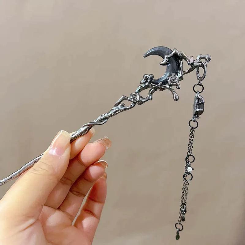 Black Crystal Moon Tassel Hair Stick Gothic Moon Hair Stick Witchy Hair Accessories-MoonChildWorld