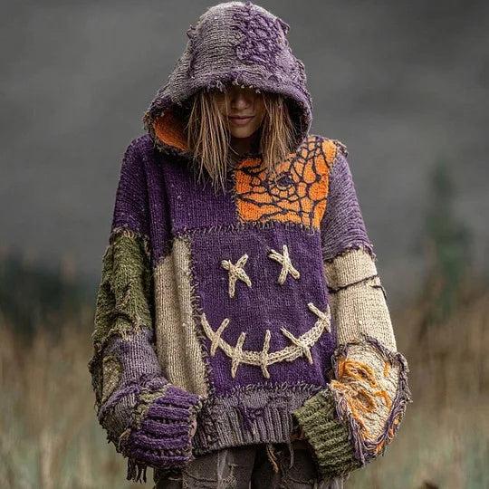 Gothic Halloween Oversized Sweaters Horror Black Cat Sweater O Neck Hooded Pullover-MoonChildWorld