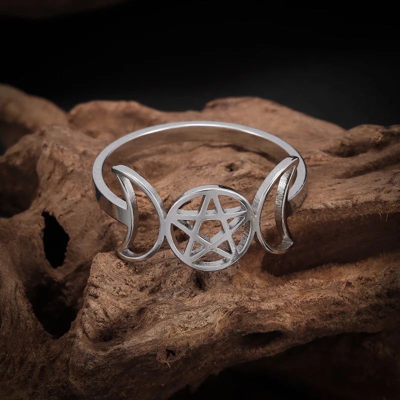 Triple Moon Goddess Ring Wiccan Pentacle Ring-MoonChildWorld