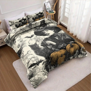 Halloween Black Cat and Witch Duvet Cover Set Gothic Vintage Bedding Set