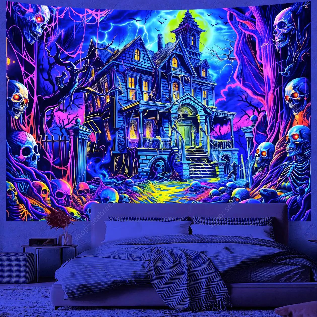 Gothic Haunted House UV Reactive Tapestry for Halloween Wall Decor-MoonChildWorld