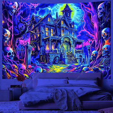 Gothic Haunted House UV Reactive Tapestry for Halloween Wall Decor-MoonChildWorld