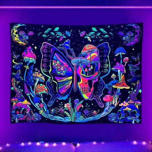 Butterfly skull fluorescent tapestry UV black light plant mushroom flower moon tapestry