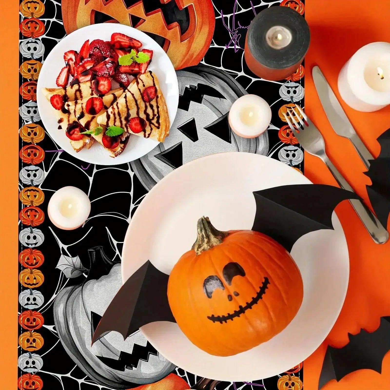 Spooky Halloween Table Runner With Jack-O'-Lantern - Pumpkin & Spiderweb Gothic Table Runner-MoonChildWorld