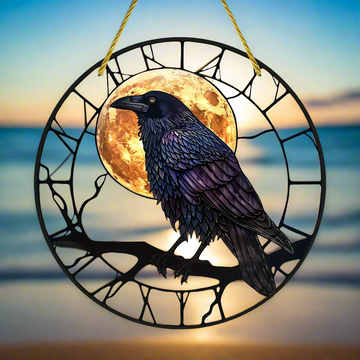 Moon Raven Suncatcher Halloween Crow Window Hanging Witch Crow Suncatcher-MoonChildWorld