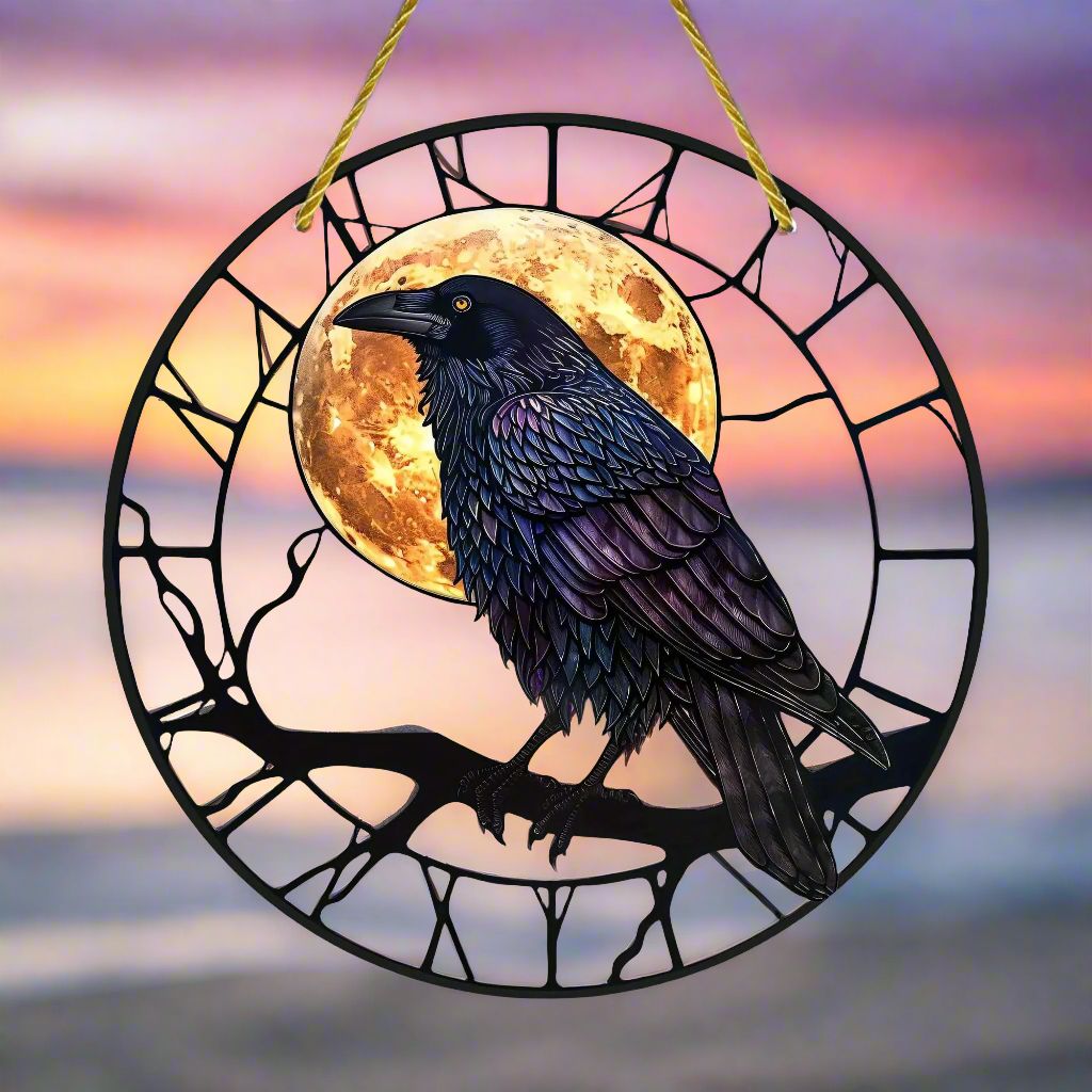 Moon Raven Suncatcher Halloween Crow Window Hanging Witch Crow Suncatcher-MoonChildWorld