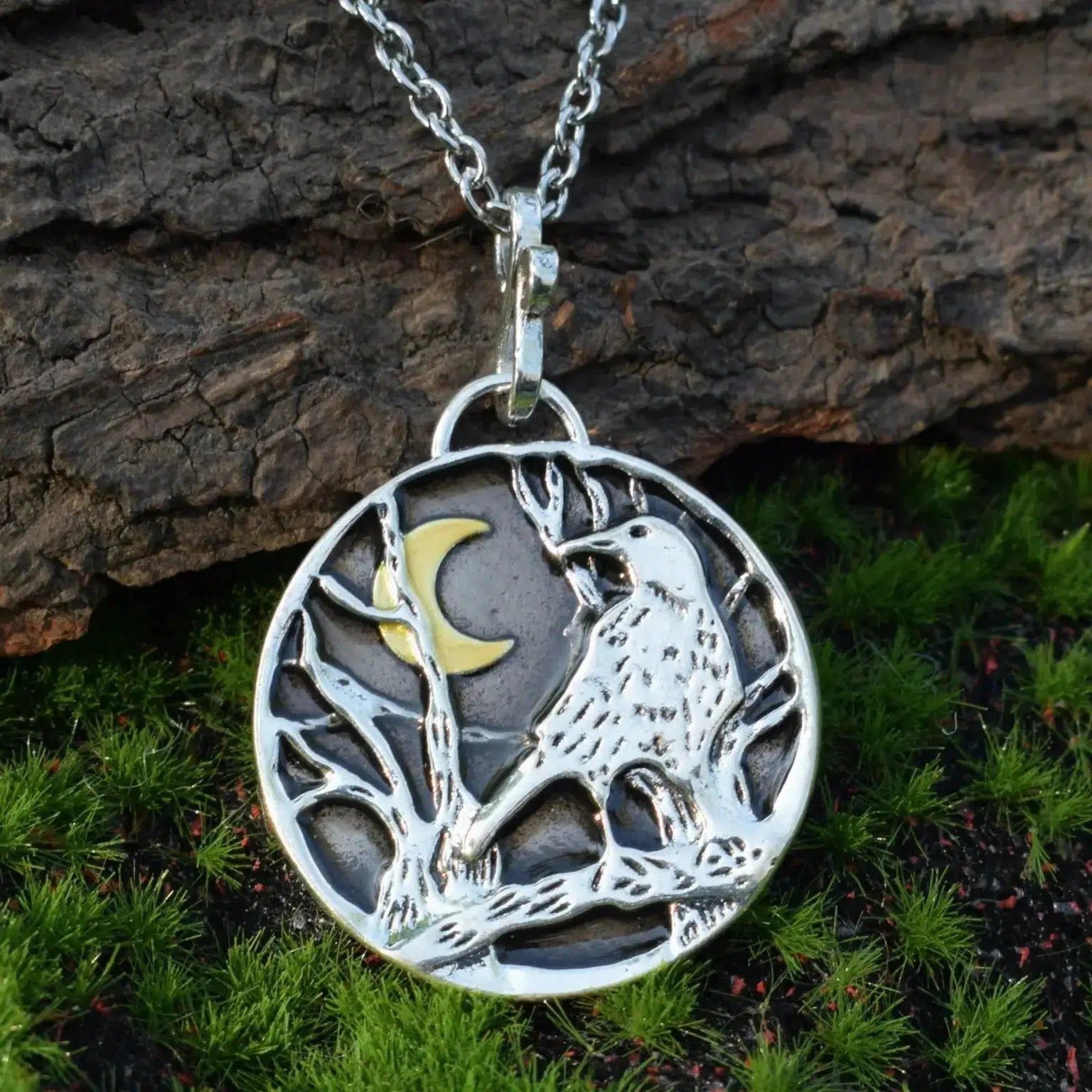 Moon Raven Necklace Gothic Crow Necklace Witchy Jewelry-MoonChildWorld