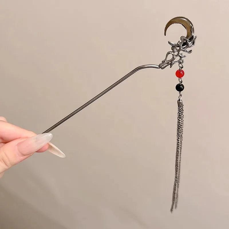 Black Crystal Moon Tassel Hair Stick Gothic Moon Hair Stick Witchy Hair Accessories-MoonChildWorld