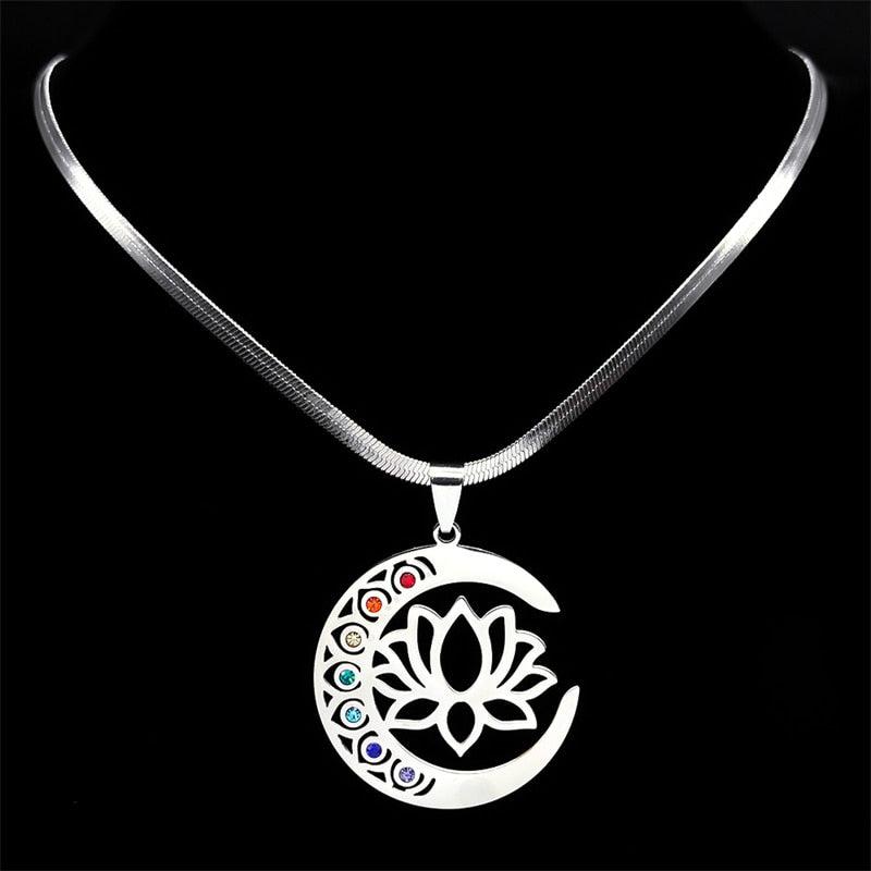 Lotus 7 Chakras Crescent Moon Necklace-MoonChildWorld