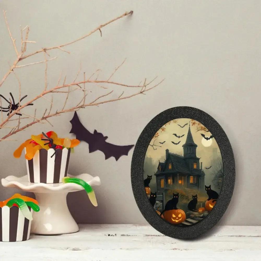Black Cat, Pumpkin and Gothic Castle Wooden Oval Frame - Spooky Oval Wall Art for Halloween Wall Decoration-MoonChildWorld