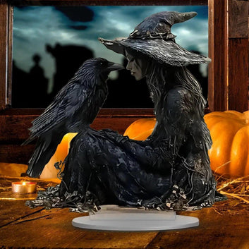 Halloween Desk Decor 2D Acrylic Table Ornament - Gothic Witch and Crow Ornament for Halloween