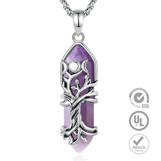 Tree of Life Natural Amethyst Necklace Pagan Triple Moon Jewelry