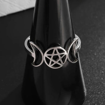 Triple Moon Goddess Ring Wiccan Pentagram Ring