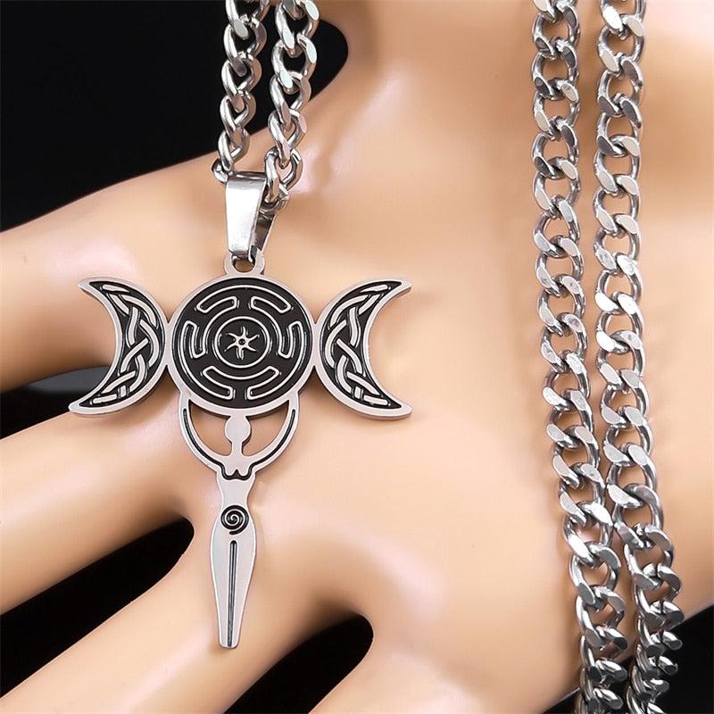 Wicca Triple Moon Goddess Necklace Hecate Wheel Witchcraft Jewelry-MoonChildWorld