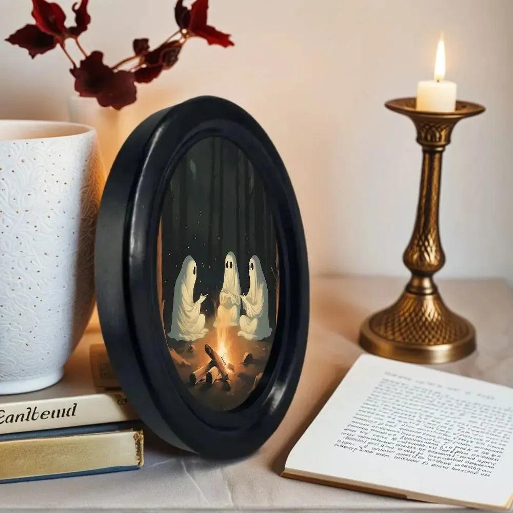 Retro Halloween Three Ghosts Witchy Wooden Oval Frame - Gothic Oval Wall Art - Halloween Wall Decoration-MoonChildWorld