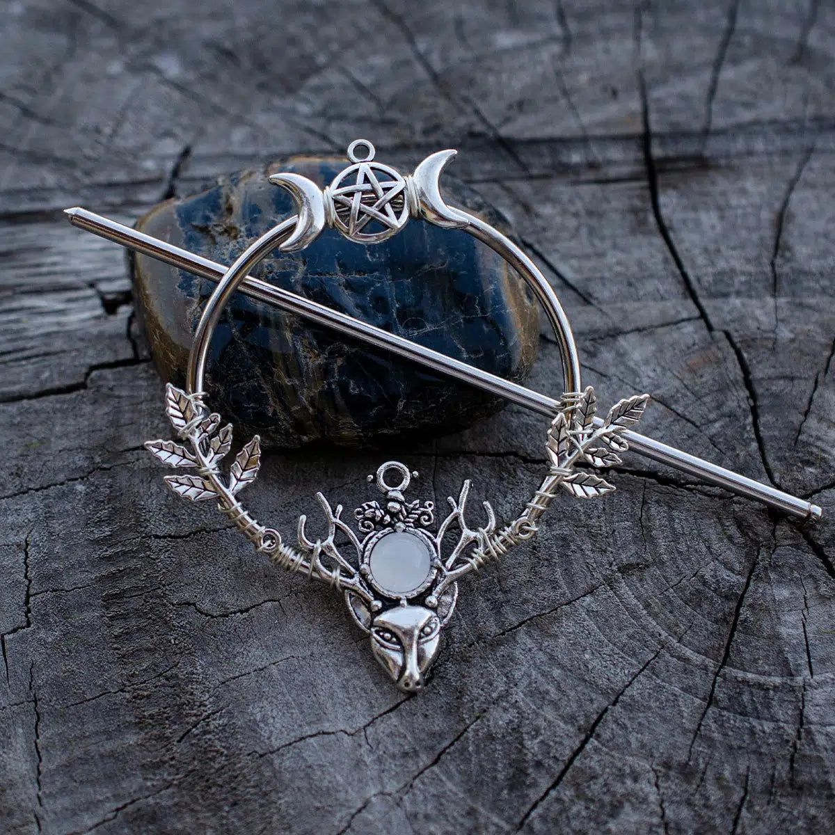 Pagan Triple Moon Pentagram Hairclip Witch Hair Jewelry-MoonChildWorld