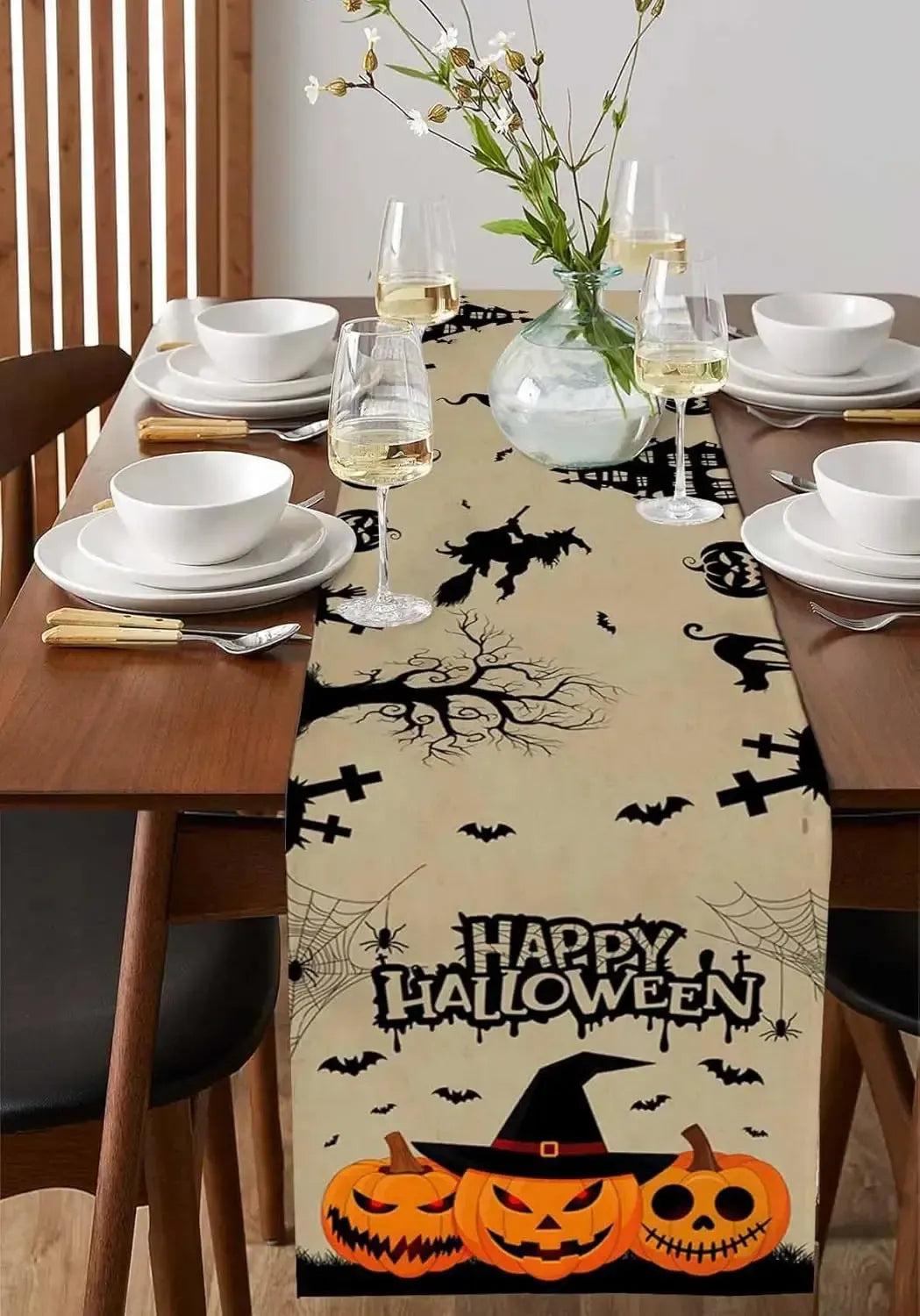 Happy Halloween Table Runner - Spooky Pumpkin Table Runner for Gothic & Witchy Home Decor-MoonChildWorld
